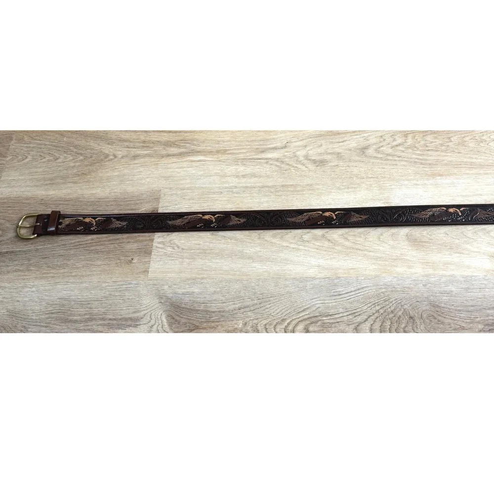 VTG 70''s Wrangler HandTooled Eagle Embossed LeatherBelt Mens 46 (52